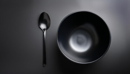 An empty black bowl and a table spoon in dark tone light studio ; minimal concepts with empty space for texting or for menu layout