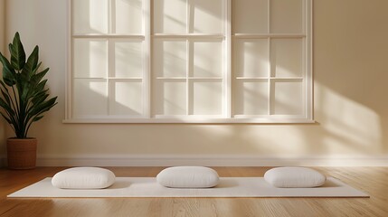 Serene indoor space featuring minimalist cushions and natural light for relaxation and mindfulness practice