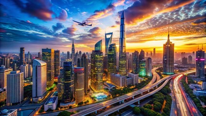 Futuristic City Skyline with Illuminated Skyscrapers and Aerial Structures