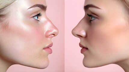 Visual comparison of a patient's nose before rhinoplasty with a crooked shape and after surgery, showing a straighter, more balanced nose with perfect symmetry