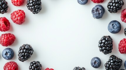 Freshly picked berries and blueberries scattered on a pristine white background assortment