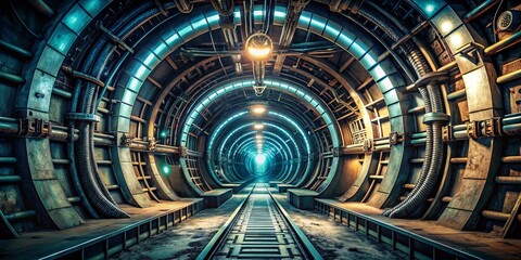 Obraz premium Futuristic Dimly Lit Tunnel with Circular Entrance - High-Tech Environment Photography