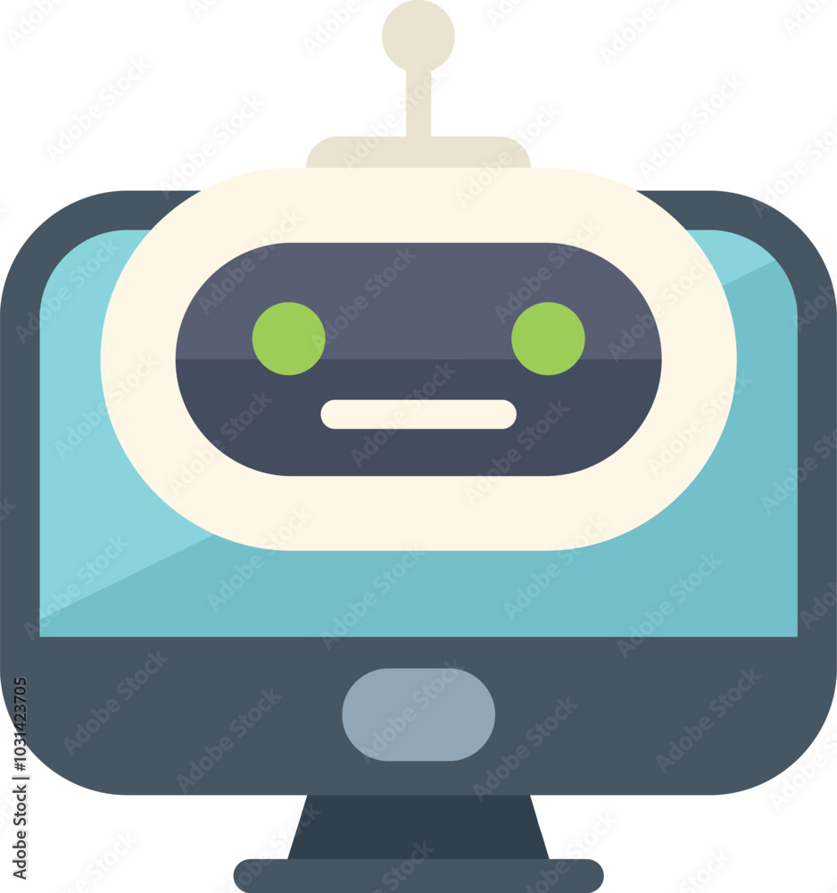 Poster robot face appearing on a computer screen, representing the concept of artificial intelligence