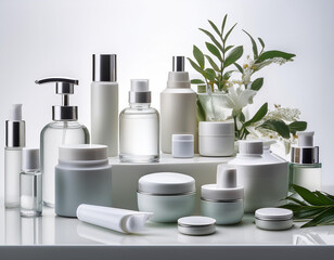 Varios botes de plastico blanco y de cristal con cosmética y crema corporal para el cuidado de la piel sobre fondo blanc
