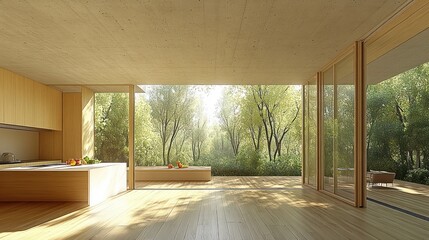 Obraz premium Modern interior with large windows showcasing a lush outdoor view.