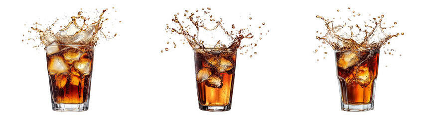 Iced cola with splashing cubes isolated on transparent PNG, ideal for drink advertisements, summer ads, or beverage menus