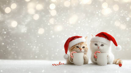 Two cute cats in Santa hats holding mugs with candy canes, surrounded by festive atmosphere. scene captures joy and warmth of holiday season