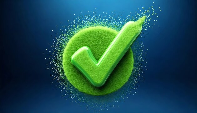 A vibrant green check mark symbolizing approval or success, set against a blue background, created with a textured, sparkling effect.