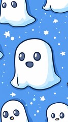 Fototapeta premium Playful cartoon ghosts on a bright blue background.