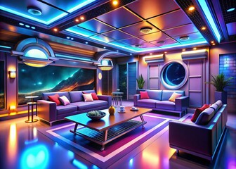 Futuristic Space Station Living Room with Metallic Surfaces and LED Lighting