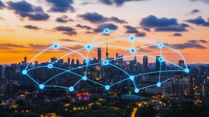 Obraz premium Smart digital Innovation city with connection network reciprocity over the cityscape. of future smart wireless digital city and social media networking systems that connects people with in city
