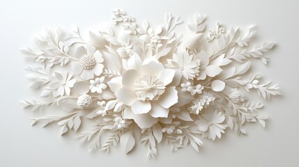 Intricate white floral arrangement on a textured white background.