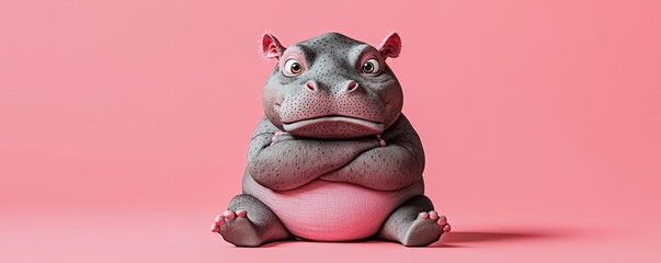 A snarky baby hippo sitting with crossed arms, vibrant 3D cartoon style, sarcastic expression, pastel background, Animals have cute poses.