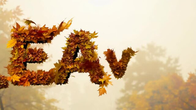 Autumn Leaves Forming Word "LEAVES" in Misty Forest Scene