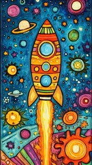 Fototapeta premium Colorful rocket blasting off into a vibrant outer space scene.