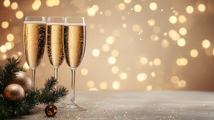 Close-up of champagne glasses on a beige table, soft bokeh background, room for text on the side, elegant celebration scene, neutral tones
