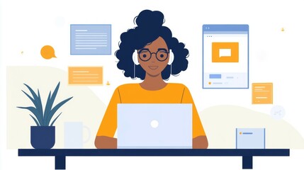 Obraz premium Woman Working on Laptop with Headphones and Notes on a White Background