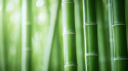 Close-up of glossy bamboo stems with blurred nature background, peaceful and organic, space for text integration