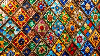 Geometric Mosaic Texture of Colored Glass Rhombuses with Copy Space for Design Purposes