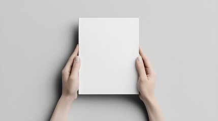 Obraz premium Close-up of hands holding a blank white brochure on a minimal grey background, clean and modern design for mockups, top view