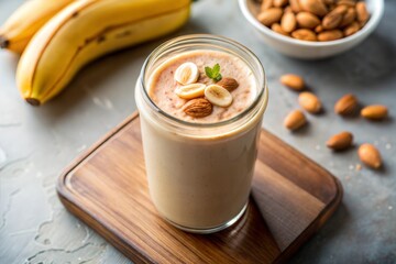 Banana almond smoothie with nuts and mint on wooden board