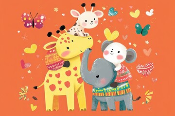 Illustration with elephant and other animals