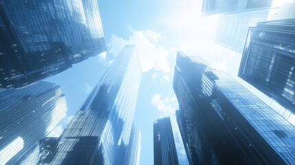 A business hub filled with corporate skyscrapers, seen from street level with a bright, cloudless sky in the background.
