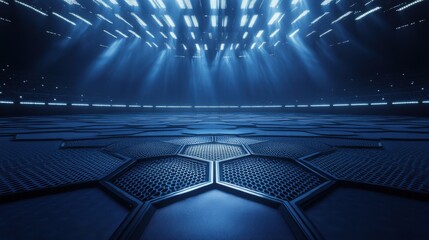 Obraz premium Futuristic illuminated floor with hexagonal pattern and blue lighting