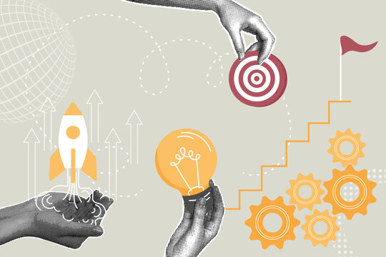 Whimsical halftone collage. Concept of developing a new idea, organizing and launching a new product, business development, business people, teamwork, winning flag. Illustration for web banner, social