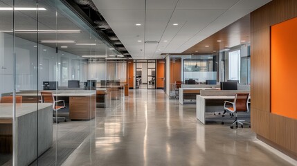 Collaborative workspace with raw concrete desks, wooden cabinets, and glass partitions fostering openness and transparency