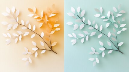 Delicate paper leaves on soft gradient backgrounds, showcasing nature's beauty.
