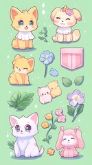 Obraz premium Whimsical collection of adorable cartoon animals and flowers on a pastel green background.