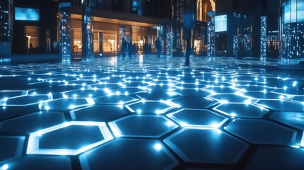 Futuristic illuminated hexagonal floor in urban setting with vibrant blue lights