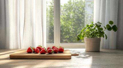 Strawberries on wooden cutting board, flowers in pot, in kitchen table, big window, and white curtains.