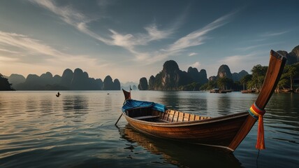 A traditional longtail boat in tranquil waters at sunrise, with mountains in the background.