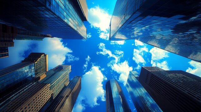 Fototapeta Skyscrapers and office complexes seen from below, with clouds moving across a deep blue sky above.