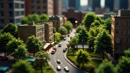 Naklejka premium A miniature city model with a winding road, trees, and buildings.