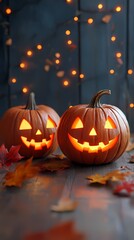 Two cheerful orange pumpkins with glowing faces, set against a backdrop of autumn leaves.