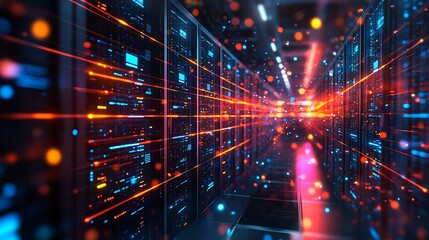 Naklejka premium A high-tech data center filled with server racks, connected by bright holographic lines representing data transfer, glowing in a dark space.