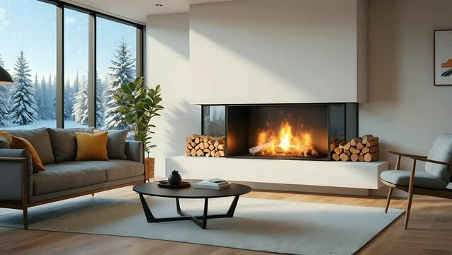 Modern living room with a cozy fireplace and large windows overlooking a snowy landscape, creating a warm and inviting atmosphere.