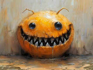 Creepy Orange Monster with Sharp Teeth - Digital Art
