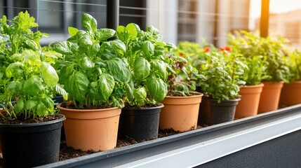 Fresh green herbs growing in pots on a sunny windowsill.