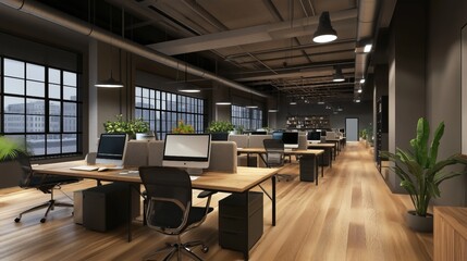 Sunlit Modern Office Space: A bright and airy workspace design with natural wood accents, large windows, and lush greenery, promoting a feeling of calm productivity and well-being.  