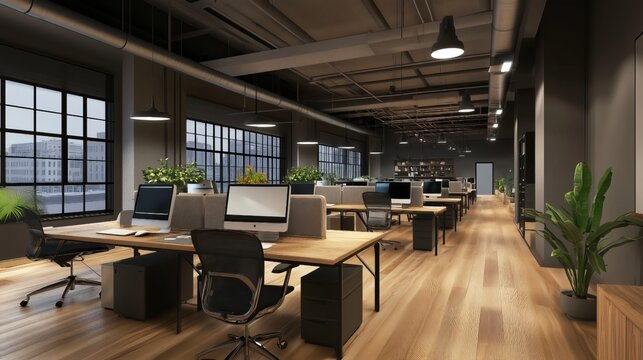 Sunlit Modern Office Space: A bright and airy workspace design with natural wood accents, large windows, and lush greenery, promoting a feeling of calm productivity and well-being.  