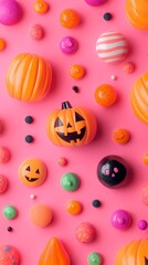 Colorful Halloween-themed decorations on a vibrant pink background.