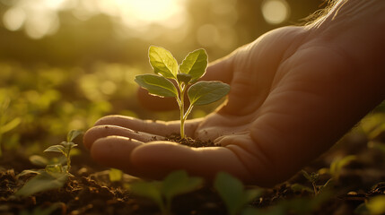 Fototapeta premium Capturing the essence of growth and commitment, a gentle hand nurtures a small seedling against a blurred backdrop of lush greenery, highlighting our role in environmental stewardship.