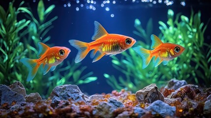 Naklejka premium Three vibrant goldfish swimming among rocks and aquatic plants.