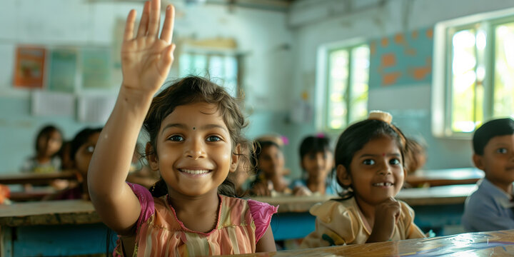 Happy Indian child sitting at desk in an elementary school classroom in African village, raising his hand and rushing for the teacher's attention.