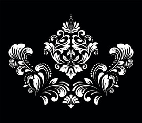 Damask graphic ornament. Floral design element. Black and white vector pattern.