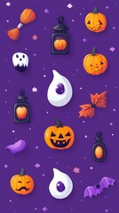 Colorful Halloween themed illustrations on a purple background.
